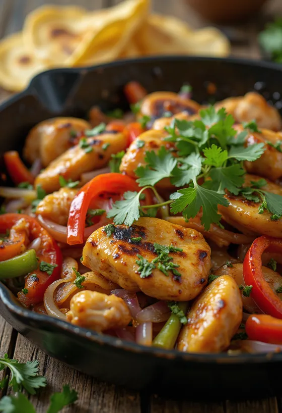 Fajitas de frango com legumes, servidas com coentro fresco