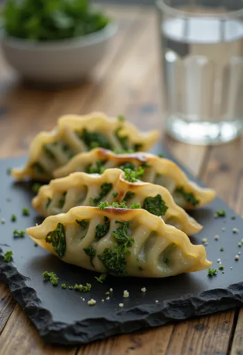 Gyoza de couve kale com base crocante servido com tigela de molho shoyu