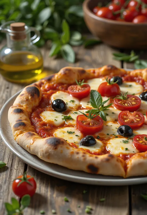 Pizza alla barese com tomate e azeitona preta