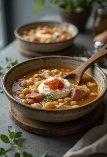 Tigela de sopa de feijão densa com chucrute e pedaços de carne defumada
