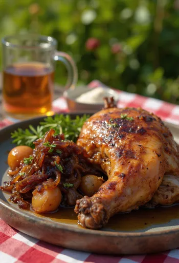 Pato assado com cebola caramelizada servido no prato