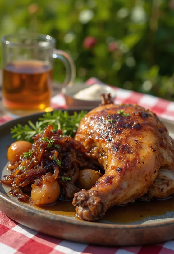 Pato assado com cebola caramelizada servido no prato