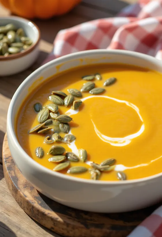 Sopa creme de abóbora com sementes tostadas servida