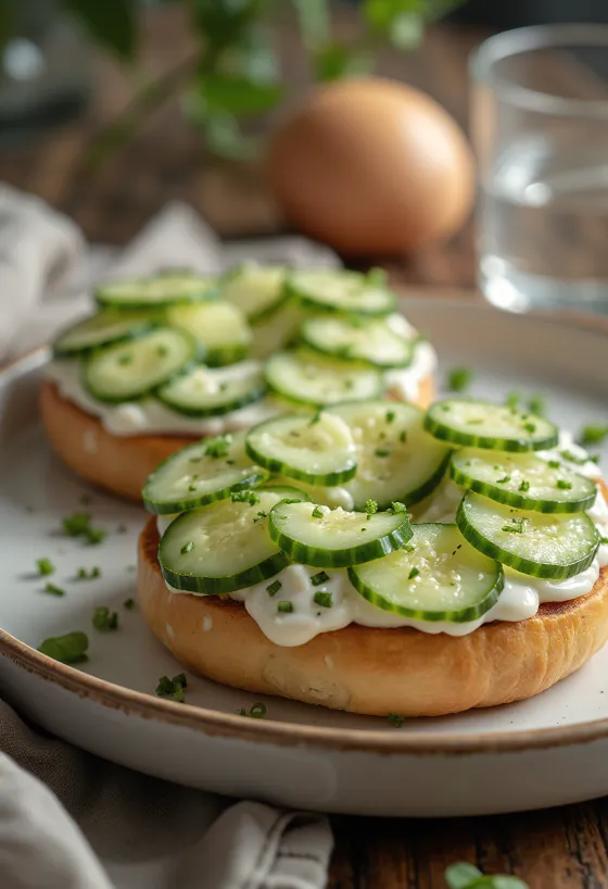 Bagel com pepino e cream cheese, decorado com endro fresco