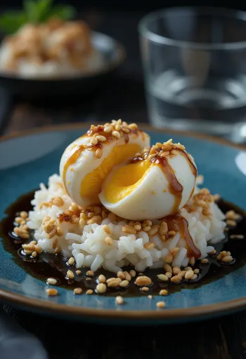 Balut com gergelim, decorado com arroz e cebola frita