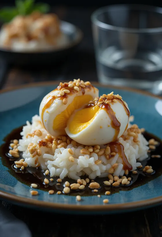 Balut com gergelim, decorado com arroz e cebola frita
