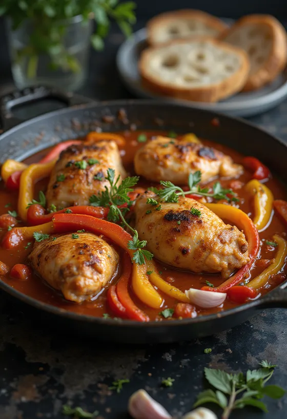 Frango Cacciatore com pimentões, coxas de frango e legumes frescos