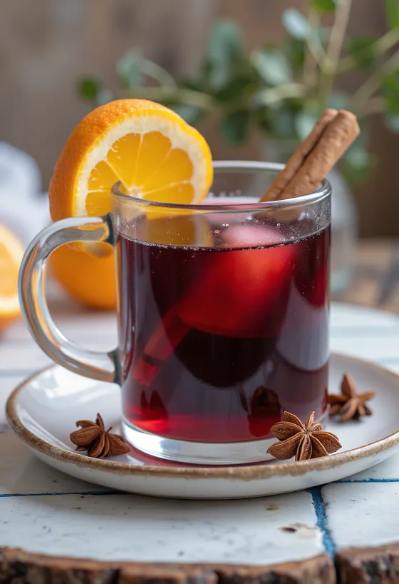 Vinho quente com especiarias e canela em caneca, decorado com pau de canela e fatia de laranja