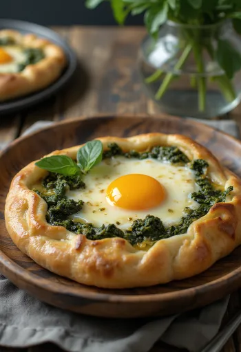 Khachapuri com espinafre, pães de queijo dourados e frescos com espinafre