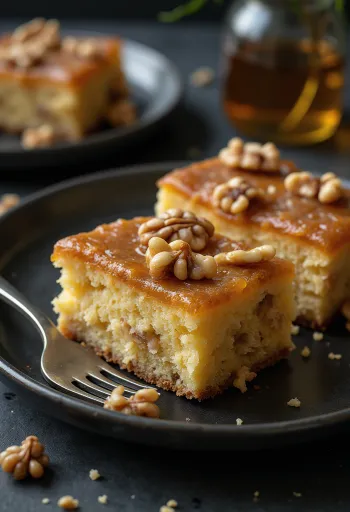 Fatias de bolo de mel com nozes servidas em prato