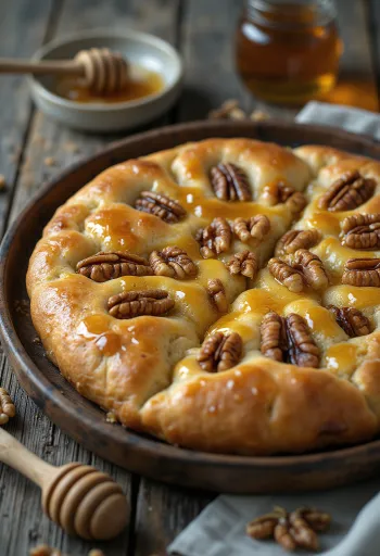 Focaccia doce com mel e nozes servida em pedaços