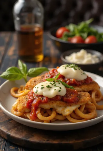 Milanesa napolitana com azeite, servida com molho de tomate e mozzarella derretida