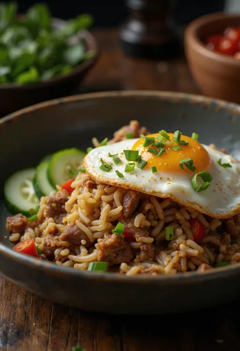 Nasi Goreng servido com carne bovina e ovo frito