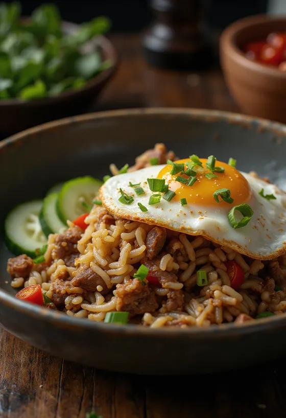 Nasi Goreng servido com carne bovina e ovo frito