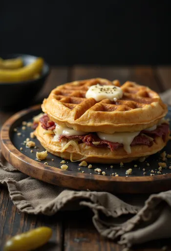 Waffle Sanduíche Reuben recém-assado com pastrami e chucrute