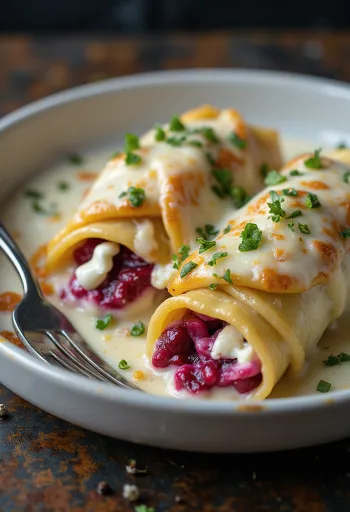 Cannelloni de beterraba assada e queijo de cabra com molho cremoso