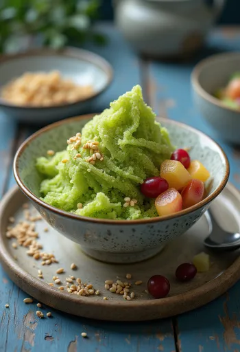 Bingsu de Chá Verde, sobremesa de gelo coreana com pó de matchá, frutas frescas e gergelim torrado