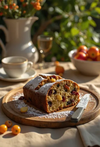 Bolo inglês de frutas polvilhado com açúcar de confeiteiro