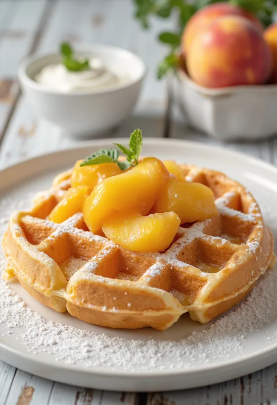 Waffle de pêssego com frutas frescas e mel