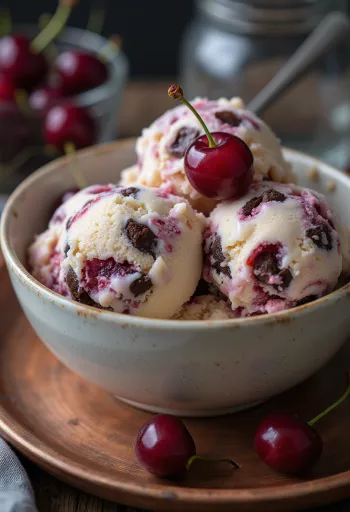 Sorvete Cherry Garcia servido com cerejas e pedaços de chocolate
