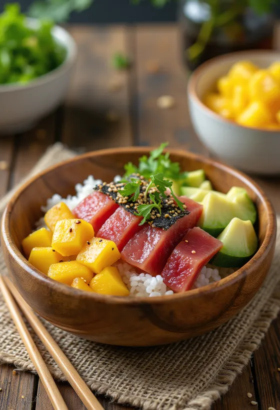 Bowl de Poké Clássico com atum, abacate, manga e vegetais frescos