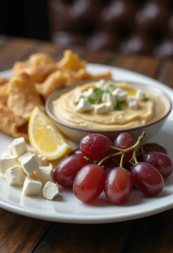 Prato de meze fresco servido com dolma, homus, queijo feta e legumes