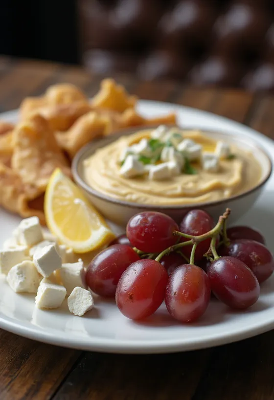 Prato de meze fresco servido com dolma, homus, queijo feta e legumes