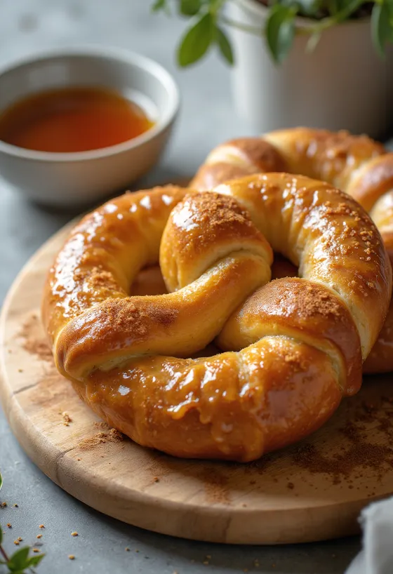 Pretzel servido com xarope de bordo, brilhante e convidativo, crocante por fora e macio por dentro.
