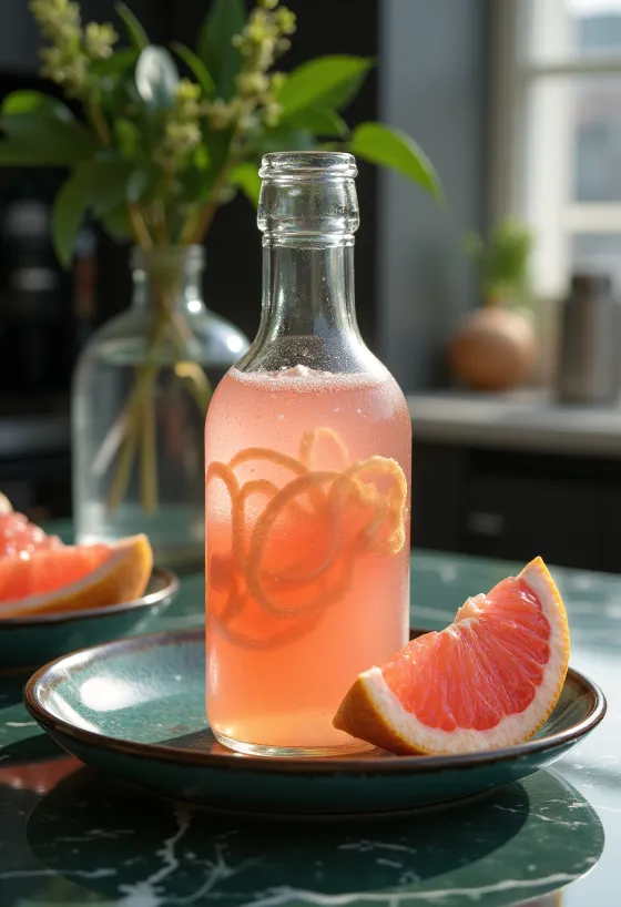 Garrafa de kombucha de toranja probiótico, com sabor cítrico fresco, coado