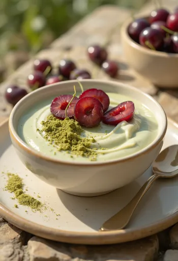 Iogurte probiótico servido com cerejas e pó de matcha