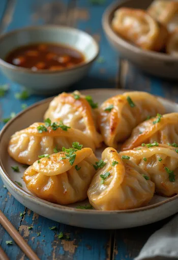 Gyoza de Frango BBQ frito dourado com molho