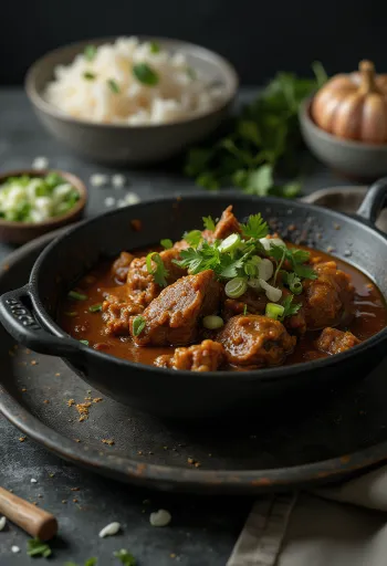 Curry goat com alho feito com leite de coco servido com coentro fresco
