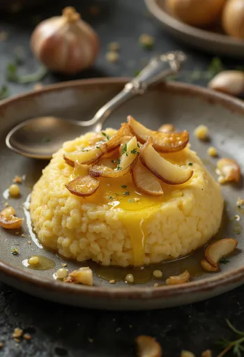 Fungee com alho, servido com fatias de alho frito e polvilhado com salsa