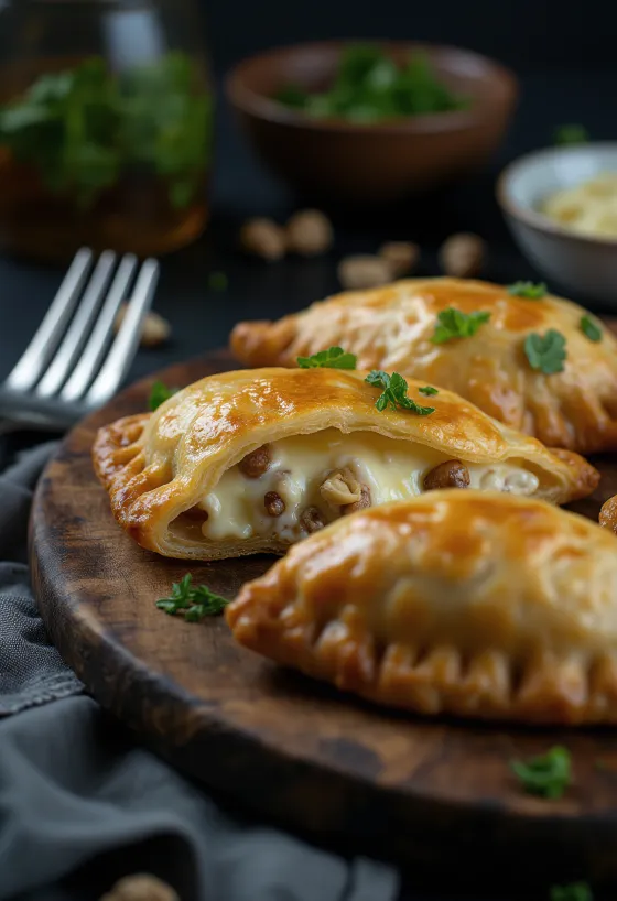 Empanada de gorgonzola com nozes em massa dourada
