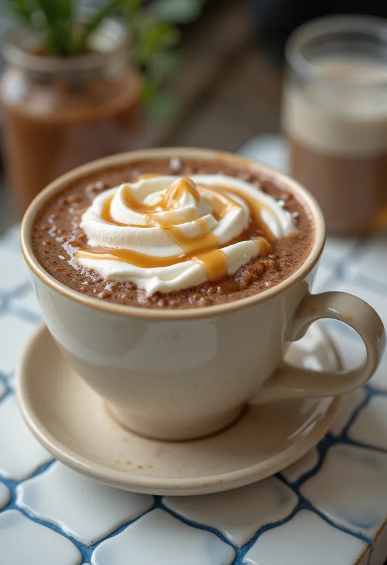 Chocolate quente com caramelo decorado com chantilly e fio de calda de caramelo