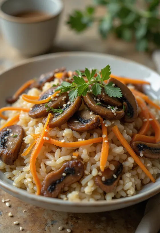 Okowa com cogumelo shiitake e cenoura, servido com vegetais frescos e gergelim