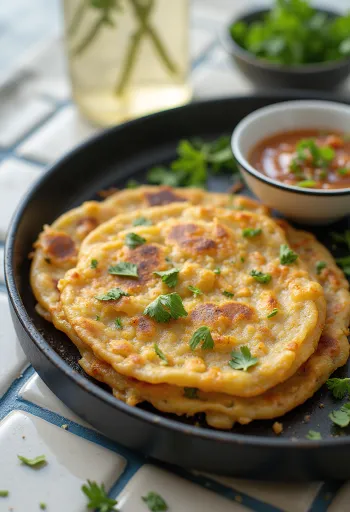 Chilla de Arroz servida com legumes e especiarias