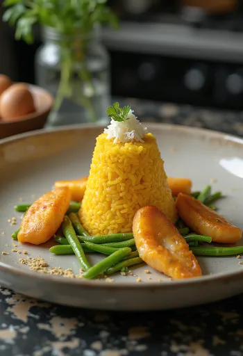Peixe assado Tumpeng servido com limão e salsa, acompanhado de legumes e arroz