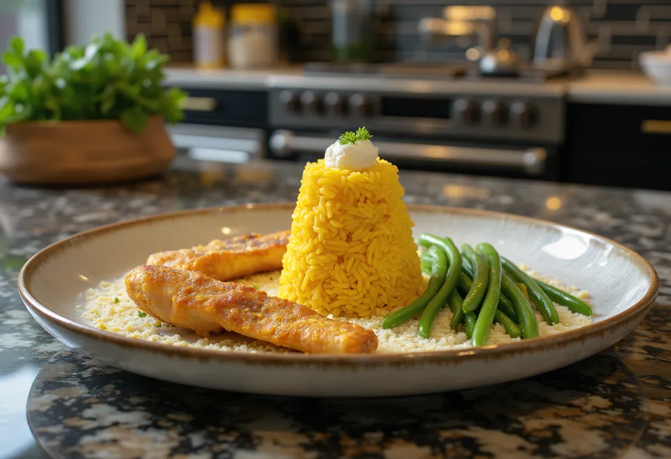 Peixe assado Tumpeng servido com limão e salsa, acompanhado de legumes e arroz