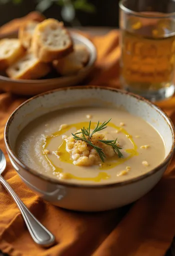 Sopa Açorda servida com azeite de oliva e alho, finalizada com salsinha fresca
