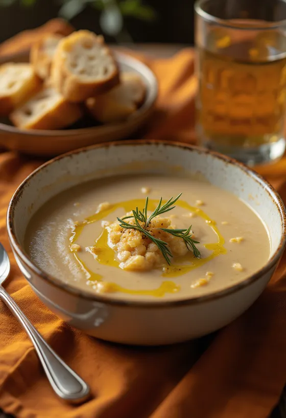 Sopa Açorda servida com azeite de oliva e alho, finalizada com salsinha fresca