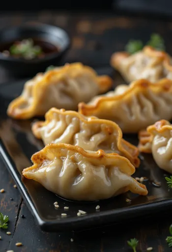 Gyoza de Carne Bovina servido com molho shoyu