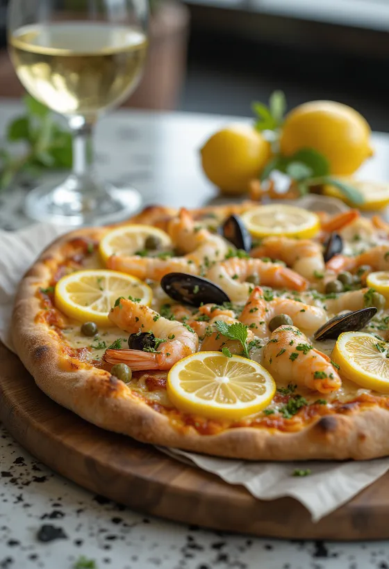 Pizza Frutti di Mare com limão e alcaparras servida