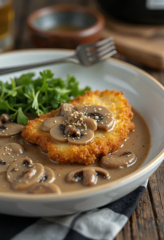 Jägerschnitzel servido com molho de cogumelos e salsinha