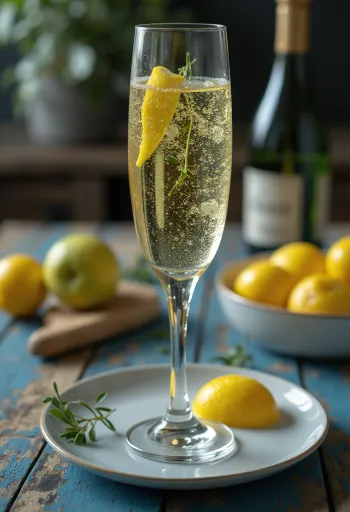 Coquetel de Sidra com Prosecco no copo decorado com ramo de alecrim