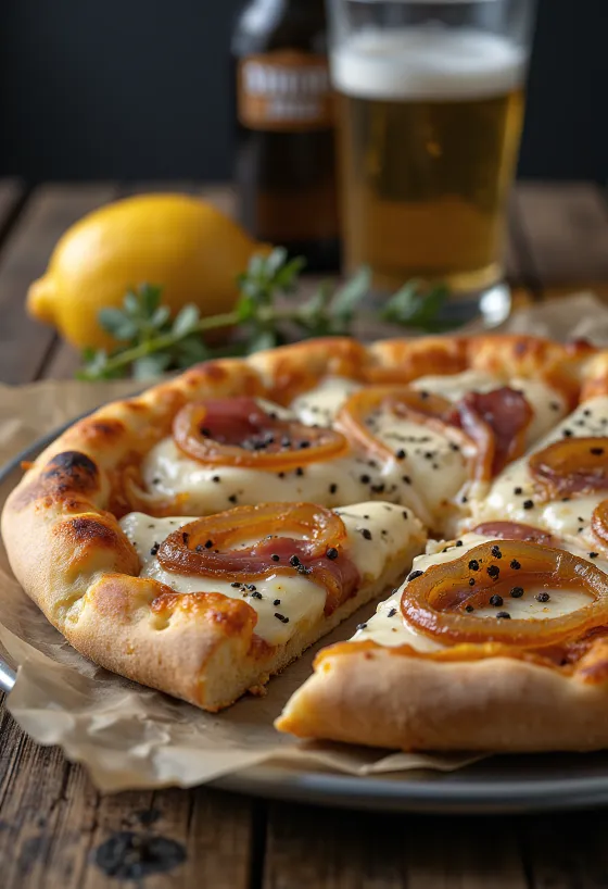 Pizza alsaciana com creme e bacon