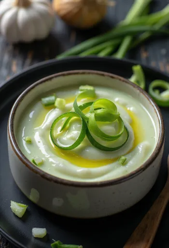 Iogurte cremoso com chá verde, alho e cebolinha, regado com azeite