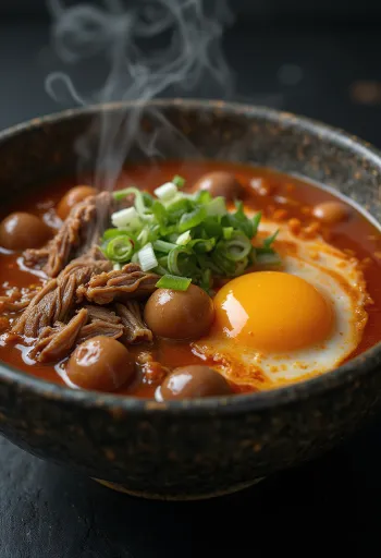 Yukgaejang com castanhas, sopa picante decorada com coentro