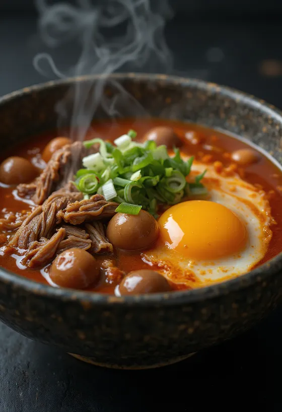 Yukgaejang com castanhas, sopa picante decorada com coentro