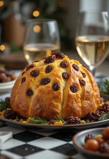 Panetone com uvas-passas, servido em ocasião festiva
